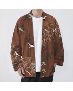 Buddha Stones Cotton White Crane Trees Flowing Waves Pattern Open Front Men's Kimono - Sienna / US/UK/AU38，EU48 (M)