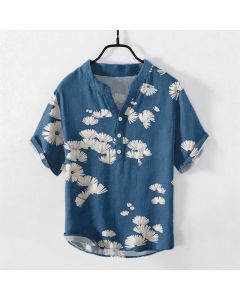 Buddha Stones Cotton White Daisy Pattern Men's Short Sleeve Half Button Shirt - Teal / US/UK/AU38，EU48 (M)