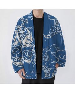 Buddha Stones Cotton White Dragon and Cloud Pattern Open Front Men's Kimono - RoyalBlue / US/UK/AU38，EU48 (M)