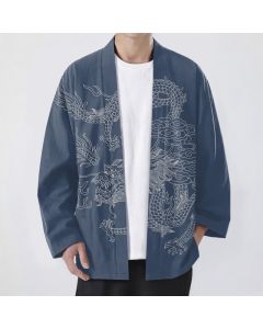 Buddha Stones Cotton White Dragon Cloud Pattern Open Front Men's Kimono - SteelBlue / US/UK/AU38，EU48 (M)