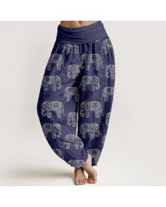 Buddha Stones Cotton White Elephant Pattern Women's Elastic Waist Harem Pants - Navy / US2，UK/AU6，EU34 (XS)