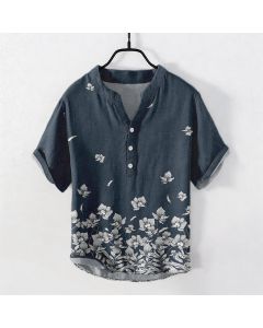 Buddha Stones Cotton White Floral Hem Pattern Men's Short Sleeve Half Button Shirt - Navy / US/UK/AU38，EU48 (M)