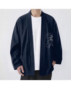 Buddha Stones Cotton White Koi Fish Wave Pattern Open Front Men's Kimono - Navy / US/UK/AU38，EU48 (M)