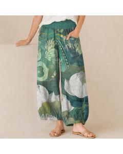 Buddha Stones Cotton White Lotus Bloom Pattern Pleated Elastic Waist Women's Harem Pants With Pockets - MediumTurquoise / US2，UK/AU6，EU34 (XS)