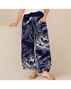 Buddha Stones Cotton White Lotus Floral Pattern Pleated Elastic Waist Women's Harem Pants With Pockets - Navy / US2，UK/AU6，EU34 (XS)