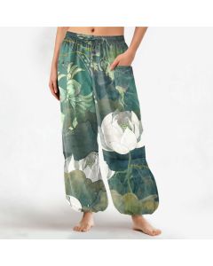 Buddha Stones Cotton White Lotus Leaf Pattern Women's Elastic Waist Harem Pants With Side Pockets - SeaGreen / US2，UK/AU6，EU34 (XS)