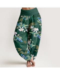 Buddha Stones Cotton White Lotus Leaf Pattern Women's Elastic Waist Harem Pants - ForestGreen / US2，UK/AU6，EU34 (XS)