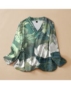 Buddha Stones Cotton White Lotus Leaf Print Hanfu Style Wrap V-Neck Lace-up Women's Long Sleeve Shirts Kimono - MediumSeaGreen / US4，UK/AU8，EU36 (S)