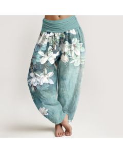 Buddha Stones Cotton White Magnolia Pattern Women's Elastic Waist Harem Pants - Turquoise / US2，UK/AU6，EU34 (XS)