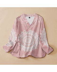 Buddha Stones Cotton White Mandala Print Hanfu Style Wrap V-Neck Lace-up Women's Long Sleeve Shirts Kimono - LightPink / US4，UK/AU8，EU36 (S)