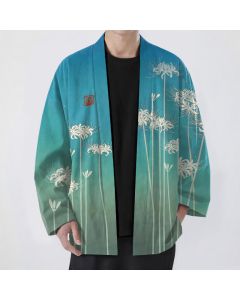 Buddha Stones Cotton White Spider Lily Pattern Open Front Men's Kimono - MediumTurquoise / US/UK/AU38，EU48 (M)