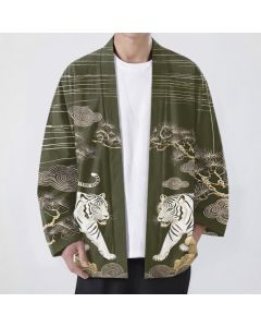 Buddha Stones Cotton White Tiger Cloud Pine Pattern Open Front Men's Kimono - Black / US/UK/AU44，EU54 (2XL)