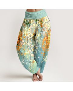 Buddha Stones Cotton Wildflower Cascade Pattern Women's Elastic Waist Harem Pants - Turquoise / US2，UK/AU6，EU34 (XS)
