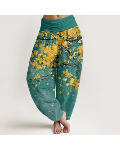 Buddha Stones Cotton Yellow Blossom Branch Pattern Women's Elastic Waist Harem Pants - Teal / US2,UK/AU6,EU34 (XS)