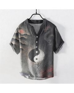 Buddha Stones Cotton Yin Yang Cloud Pattern Men's Short Sleeve Half Button Shirt - Black / US/UK/AU38，EU48 (M)