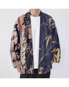 Buddha Stones Cotton Zen Calligraphy Bamboo Pattern Open Front Men's Kimono - Navy / US/UK/AU38，EU48 (M)