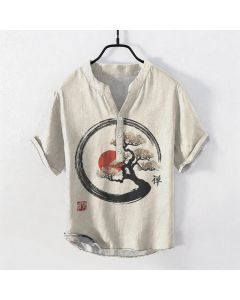 Buddha Stones Cotton Zen Ink Bonsai Sun Pattern Men's Short Sleeve Half Button Shirt - Linen / US/UK/AU38，EU48 (M)