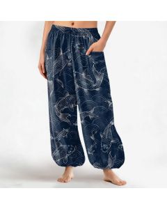 Buddha Stones Cotton Zen Koi Ripple Pattern Women's Elastic Waist Harem Pants With Side Pockets - Navy / US2，UK/AU6，EU34 (XS)