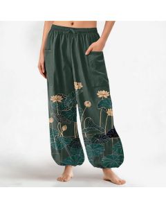 Buddha Stones Cotton Zen Lotus Garden Pattern Women's Elastic Waist Harem Pants With Side Pockets - DarkGreen / US2，UK/AU6，EU34 (XS)