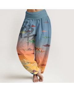 Buddha Stones Cotton Zen Oriental Cloud Wash Pattern Women's Elastic Waist Harem Pants - Orange / US2，UK/AU6，EU34 (XS)