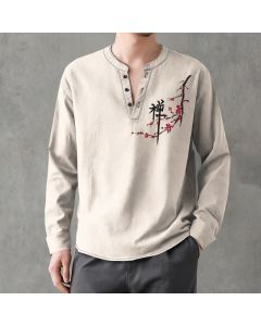 Buddha Stones Cotton Zen Plum Blossom Pattern V-Neck Buttons Men's Long Sleeve Shirts - Linen / US/UK/AU38，EU48 (M)
