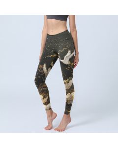 Buddha Stones Crane Cloud Waves Pine Tree Pattern With Delicate Lines Print Gym Leggings Women's Yoga Pants - Black / US18，UK/AU22，EU50 (4XL)