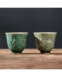 Buddha Stones Crane Pine Ceramic Teacup Kung Fu Tea Cup 80ml - LightYellow 7cm*6.3cm*80ml