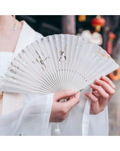 Buddha Stones Crane Plum Blossom Handheld Silk Bamboo Folding Fan - Red Crane Plum Blossom 18cm