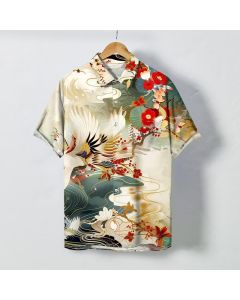Buddha Stones Crane Wave Floral Pattern Buttons Breathable Men's Short Sleeve Shirt - Linen / US/UK/AU38，EU48 (M)