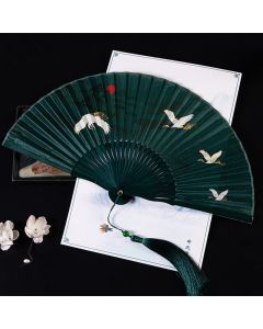 Buddha Stones Cranes Auspicious Clouds Solid Color Gradient Handheld Bamboo Folding Fan - Crane Cloud Blue 21cm