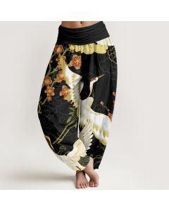 Buddha Stones Cotton Cranes Flowers Auspicious Clouds pattern Women's Elastic Waist Harem Pants - Turquoise / US22，UK/AU26，EU54 (6XL)