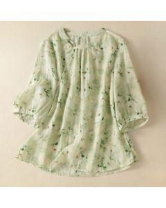 Buddha Stones Crew Neck Casual Frog-Button Floral Print Pattern Blouse Half Sleeve Women's Shirts - Beige / US4，UK/AU8，EU36 (L)