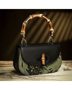 Buddha Stones Curve Bamboo Handle Xiangyunsha Silk Crossbody Bag Hangbags - Black Bamboo 20*13*5cm