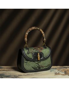 Buddha Stones Curve Flower Bamboo Handle Xiangyunsha Silk Crossbody Bag Hangbags - Black Bamboo Flower 21.5*14.5*7cm