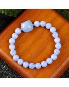 Buddha Stones Cute Cat Design Blue Lace Agate Clear Quartz  Beaded Bracelet - Tiger's Eye(Wrist Circumference 15–16cm)