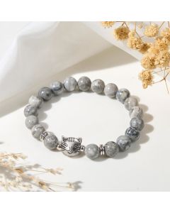 Buddha Stones Cute Cat Natural Grey Jasper Bead Healing Bracelet - Grey Jasper(Wrist Circumference: 16-19cm)