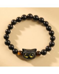 Buddha Stones Cute Ebony Wood Cat Head Pattern Peace Bracelet - Ebony Cat Lazurite Rope Bracelet(Wrist Circumference 14-18cm)