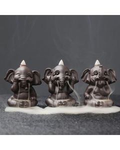 Buddha Stones Cute Elephant Purple Clay Backflow Smoke Fountain Peace Healing Incense Burner Decoration - 3Pcs Elephant Set