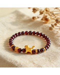 Buddha Stones Cute Lucky Cat Charm Garnet Cinnabar Calm Protection Beaded Bracelet - Cinnabar(Wrist Circumference: 13-15cm)