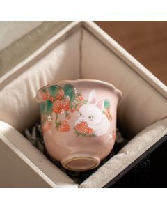 Buddha Stones Cute Strawberry Rabbit Flower Ceramic Teacup Kung Fu Tea Cup 55ml - Strawberry Rabbit 5.3cm*5cm*55ml