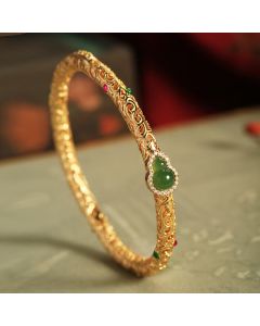 Buddha Stones Cyan Jade Copper Plated Gold Auspicious Clouds Gourd Luck Bracelet Bangle - 56mm