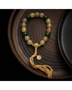 Buddha Stones Cyan Jade Quartzite Jade Harmony Rounded Rectangle Bead Bracelet - 9 × 10mm Multicolor Tassel