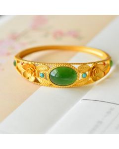 Buddha Stones Cyan Jade White Jade Flower Leaf Harmony Luck Bracelet Bangle - White Jade&Silver Bangle