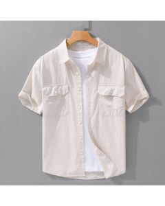 Buddha Stones Daily Pure Color Lapel Men's Short Sleeve Cotton Linen Shirt With Pockets - Beige / US/UK/AU36，EU46 (L)