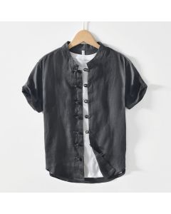 Buddha Stones Daily Frog-Button Stand Collar Short Sleeve Linen Men's Shirt - DimGray / US/UK/AU36，EU46 (L)
