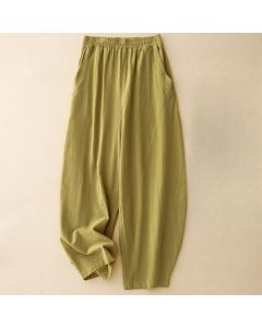 Buddha Stones Daily Plain Elastic Waistband Cotton Linen Women's Pants With Pockets - LemonChiffon / US8-10，UK/AU12-14，EU40-42 (2XL)