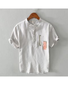 Buddha Stones Daily Plain Patch Color Matching Design Men's Short Sleeve Cotton Linen Shirt - Gainsboro / US/UK/AU36，EU46 (L)