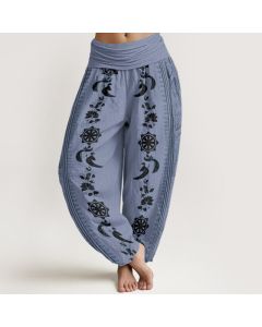 Buddha Stones Cotton Dharma Wheel Lotus OM Pattern Women's Elastic Waist Harem Pants - Plum / US22，UK/AU26，EU54 (6XL)