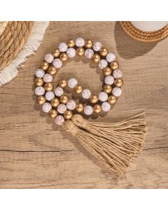 Buddha Stones Distressed White Gold Round Wood Bead Garland Mindful Living Decor