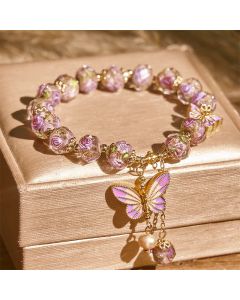 Buddha Stones Double Butterflies Charm Flower Liuli Glass Beaded Love Bracelet - Liuli(Wrist Circumference: 14-16cm)